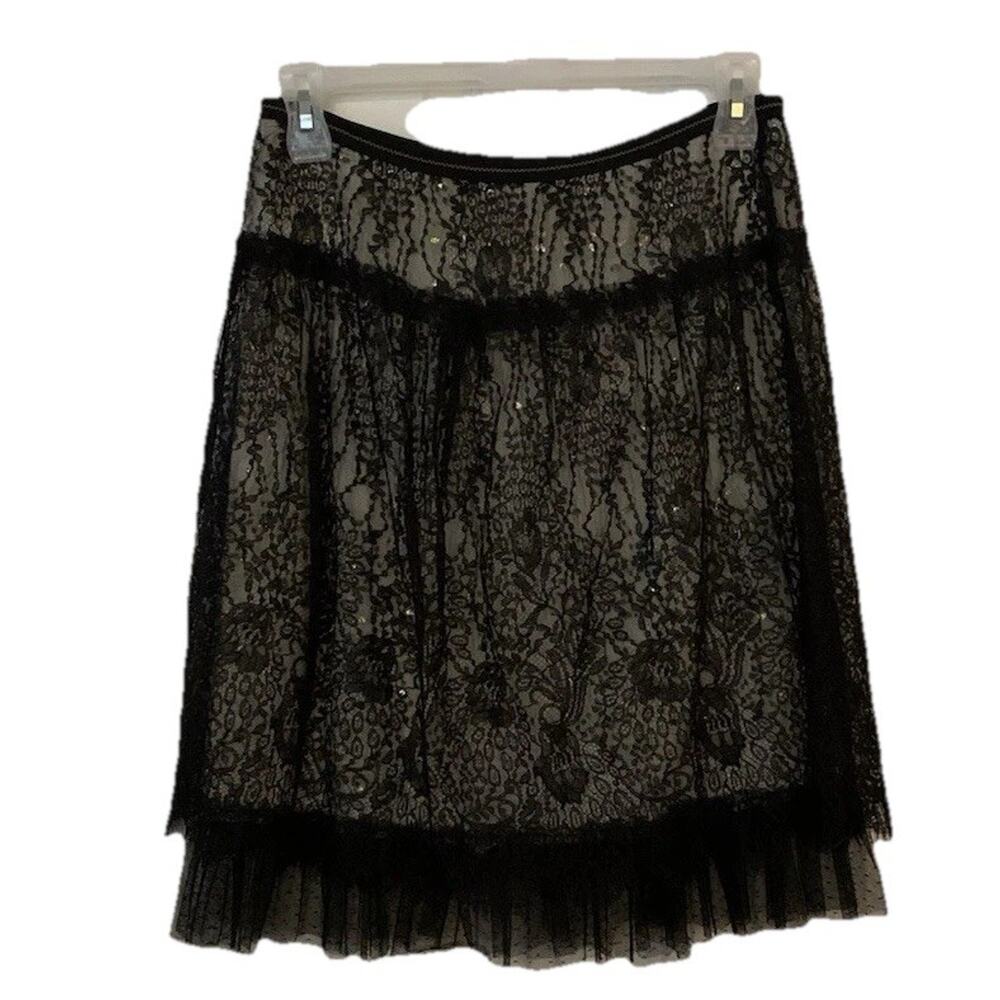 Tom K Nguyen Layered Lace Skirt Sz 0 Black Lined Floral Glitter Frilly Goth Mesh